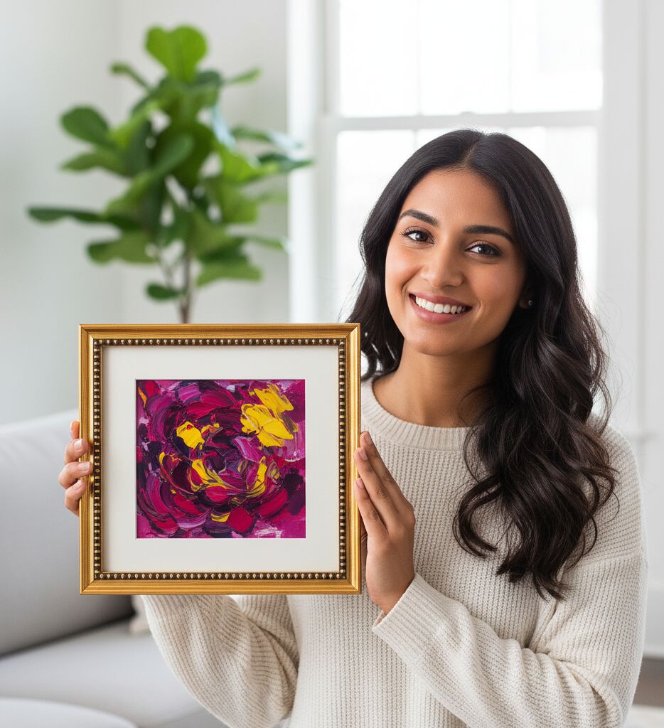 Ornate Brushed Gold hardwood frame holding a magenta and yellow abstract painting