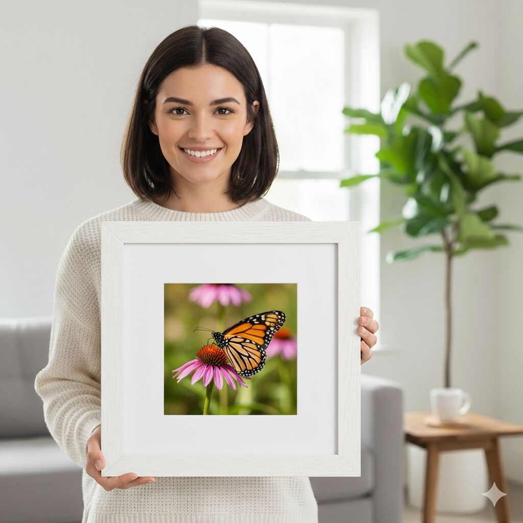 Artist holding a Gallery White Hardwood frame displaying a monarch butterfly photograph